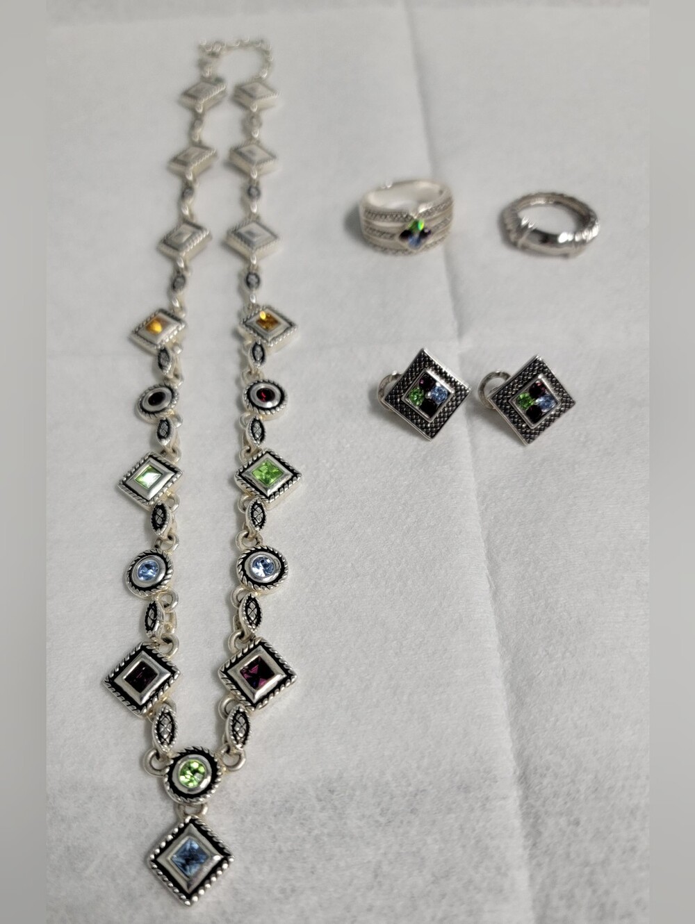 Like New- Premier Designs-Multi-Color Gemstone Silver-Tone Jewelry Set